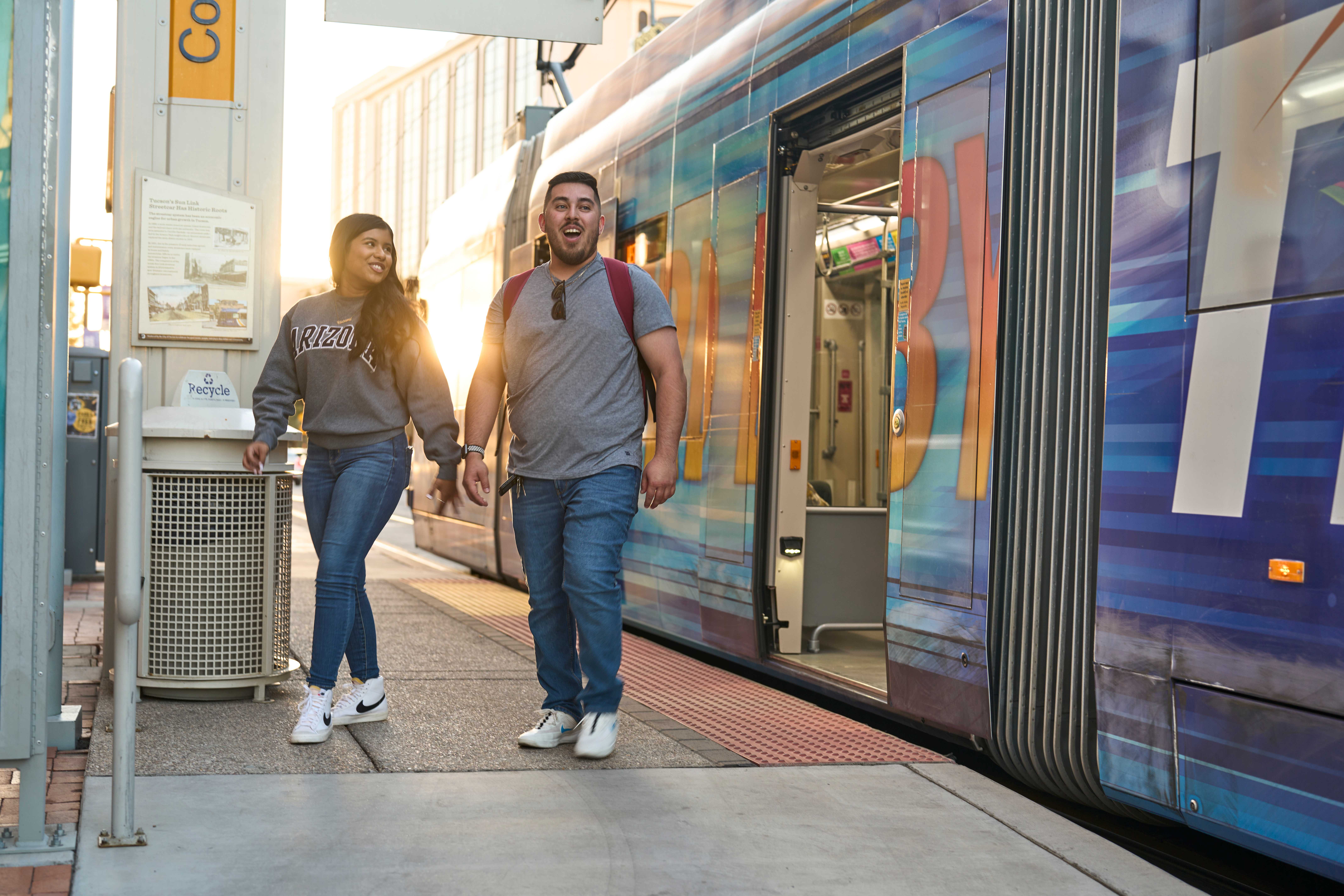 Students await the Sunlink Streetcar in Downtown Tucson