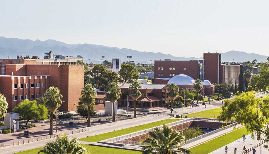 North East view of campus mall in foreground and the Catalina mountains in the background