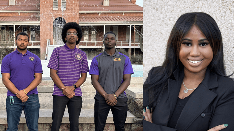 A composite image of two photos showing four black University of Arizona students. The image on the left is of three men in purple polos posing in front of the fountain in front of Old Main at the University of Arizona, and the image on the right is of one woman in a suit.