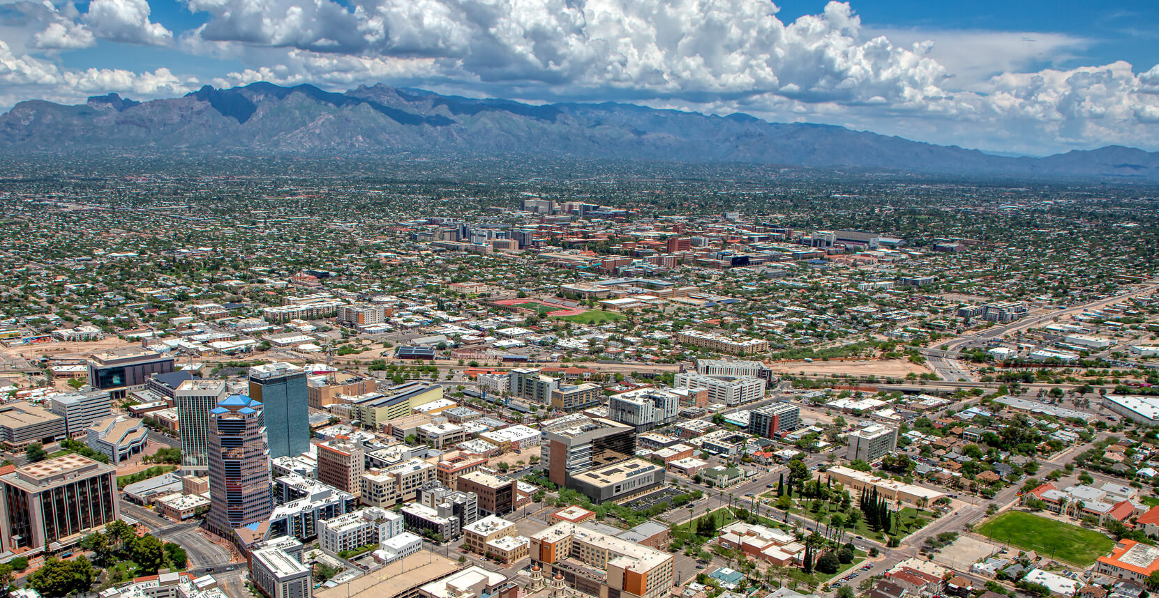 Aerial view of Tucson looking northeast toward the Santa Catalina and Rincon mountain ranges