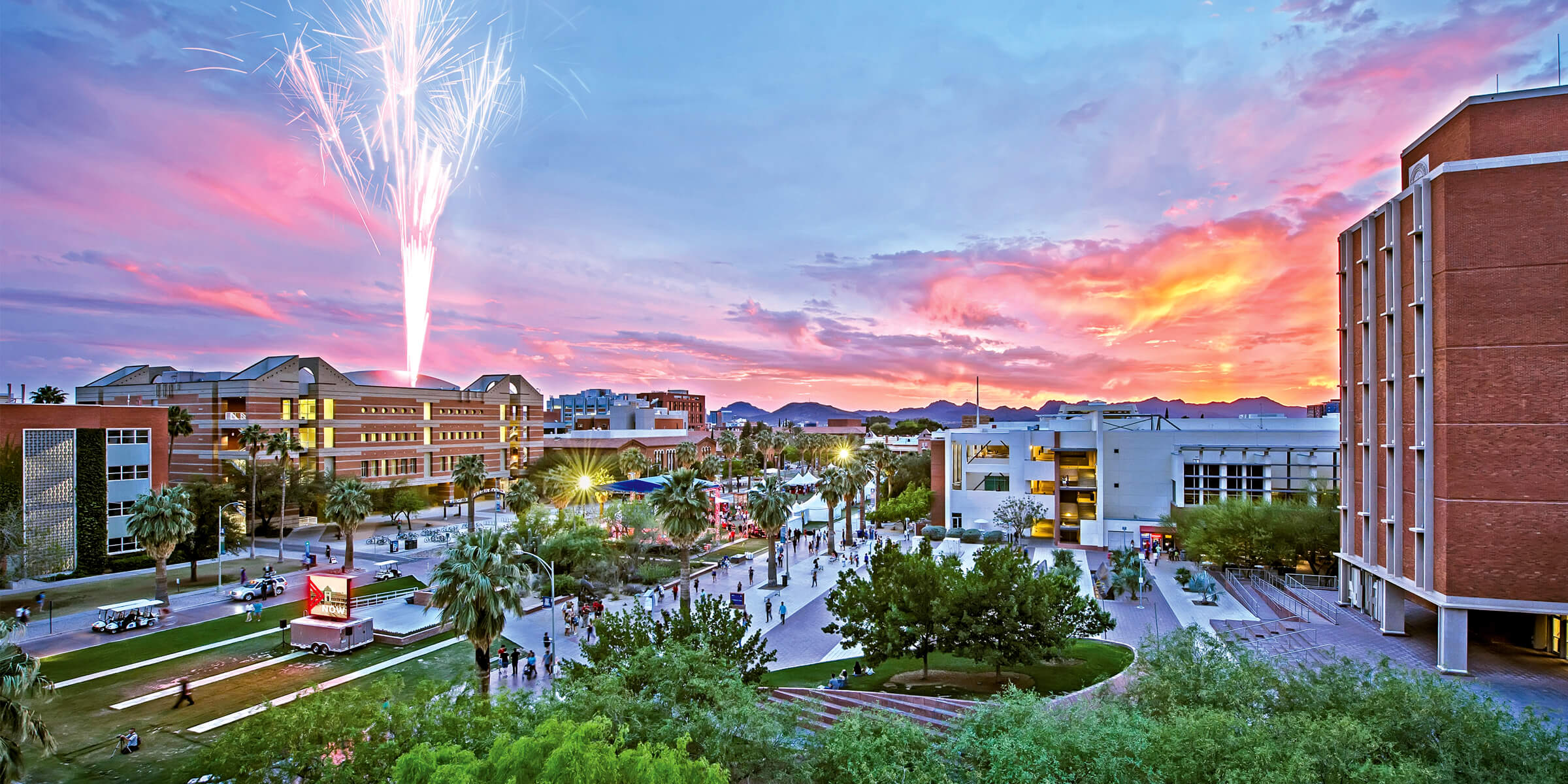 campus mall at sunset