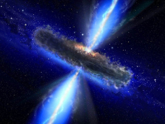 a gray, cloudy disk seen from the side. From the center, winds of blue-white emerge. Behind is a starry background.