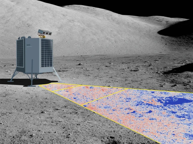 A cube-like spacecraft sits on the moon's gray, rocky surface. A slice of the ground is falsely colored in blues and oranges.
