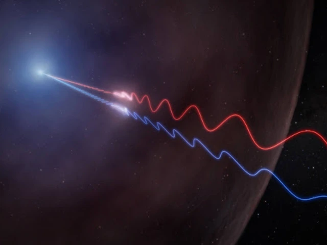 Illustration showing Faraday rotation in the radio afterglow of a gamma-ray burst as polarized radio waves pass through a magnetized cloud of gas.