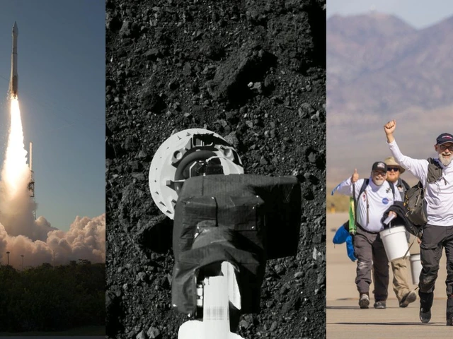 A three panel image featuring a launch of a spacecraft, a robotic arm touching a rocky surface and a man pumping his fist into the air in celebration.