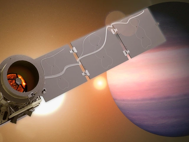 A metallic spacecraft takes up most of this image. Its body is made of a cylindrical telescope attached to a square base. Inside the telescope is the reflection of an orange star. A line of three solar panels extends from the right side of the spacecraft at a 45-degree angle. On the right side of the background is a large planet streaked with purple, pink, and white. To the left of the planet are two stars.