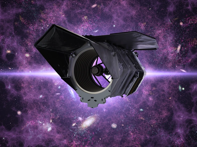 A cylindrical space telescope against purplish filaments overlaid with a sprinkling of swirling galaxies in the background.