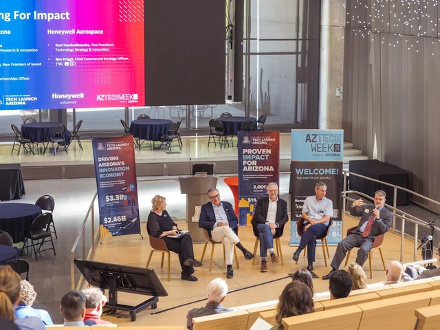 A panel discussion about commercialization and innovation in a large room