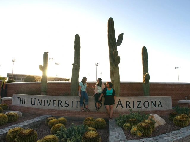 Students at the stone landmark signage