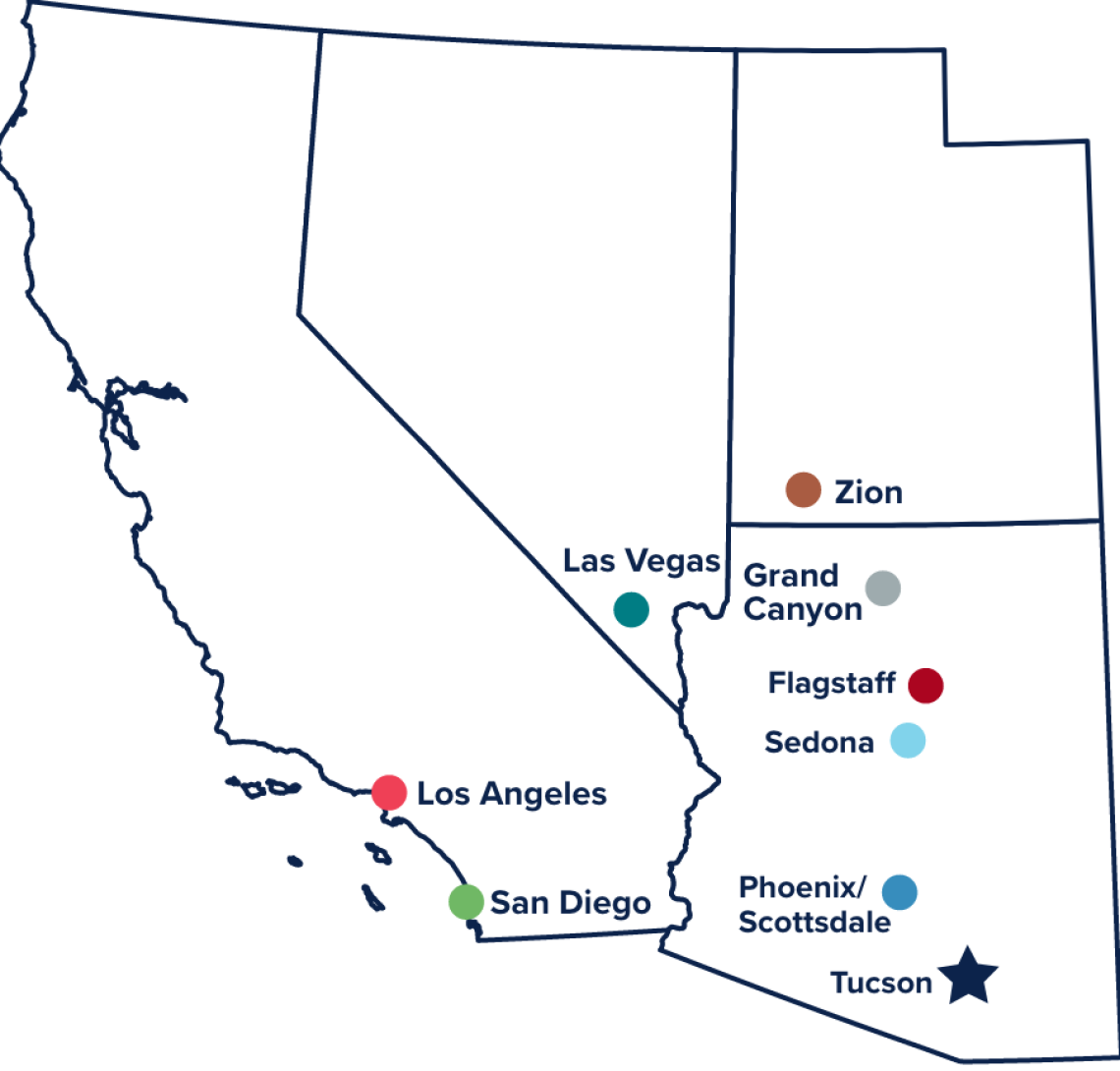 Map of popular cities near Tucson