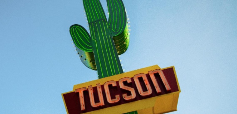 Saguaro metal sign in Tucson, Arizona