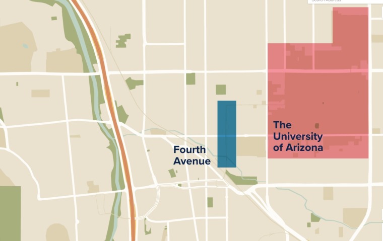 Map of Fourth Ave. location in relation to the University of Arizona