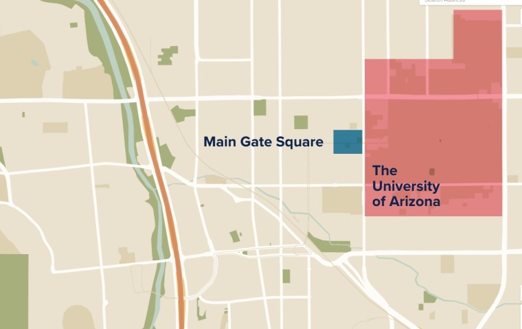 Map of Main Gate Square location in relation to the University of Arizona