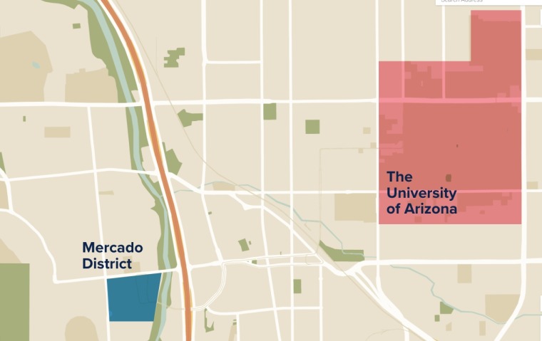 Map of Mercado location in relation to the University of Arizona
